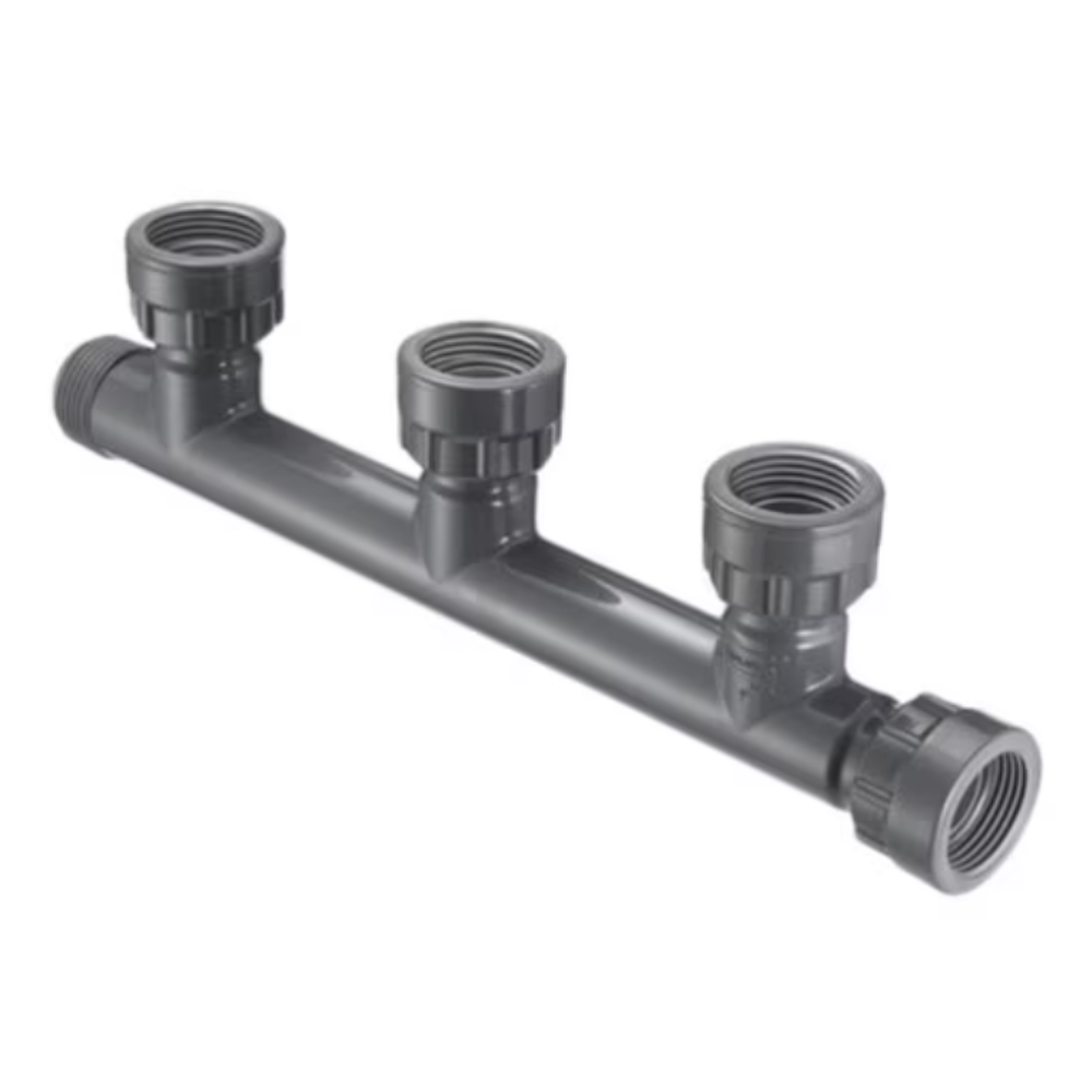 Spears 1-inch three-port PVC manifold tee with swivel fittings and O-Ring seals, top-angle view, gray PVC construction.