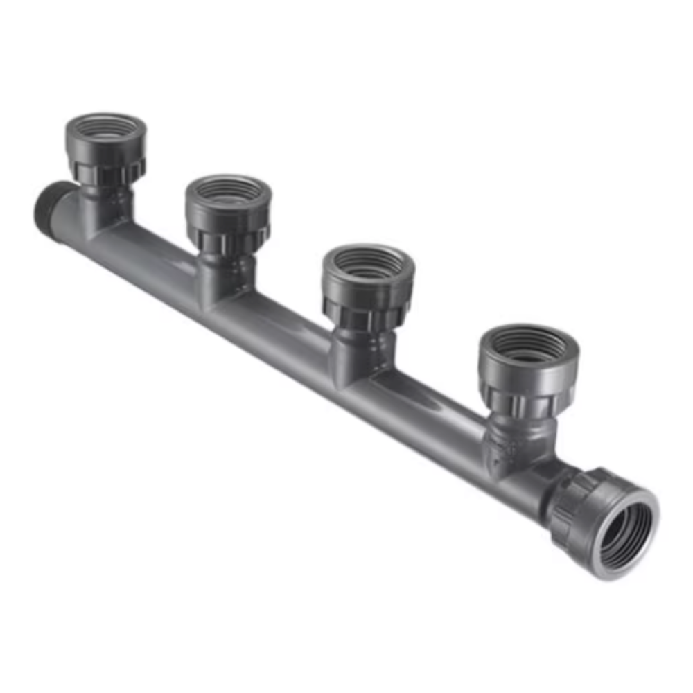 Spears 1-inch four-port PVC manifold tee displaying four swivel outlets with large O-Ring seals, ideal for modular irrigation manifolds.