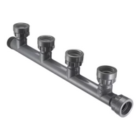 Spears 1-inch four-port PVC manifold tee displaying four swivel outlets with large O-Ring seals, ideal for modular irrigation manifolds.