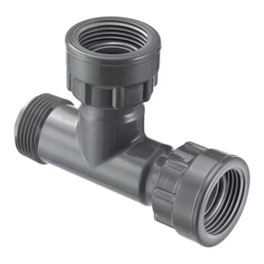 Spears 1-inch single-port PVC manifold tee with swivel x MIPT x swivel connection and large O-Ring seal, gray finish, front view.