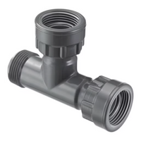 Spears 1-inch single-port PVC manifold tee with swivel x MIPT x swivel connection and large O-Ring seal, gray finish, front view.
