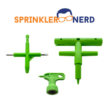 Three-piece drip and adjustment tool set displayed on a white background, for tuning drip emitters and micro-sprayers.