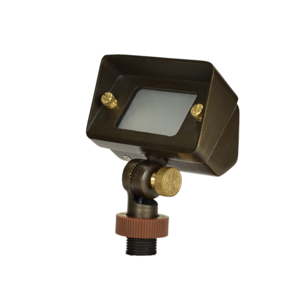 Weathered brass Unique STEL-NL Stellar mini wall washer up light, cast-brass housing, sealed lens, adjustable knuckle and low-voltage lead.