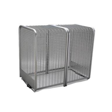 Front view of StrongBox SBBC-75SS stainless steel tube-and-wire backflow enclosure, hinged clamshell, 77.5 x 38.5 x 25.5 in.