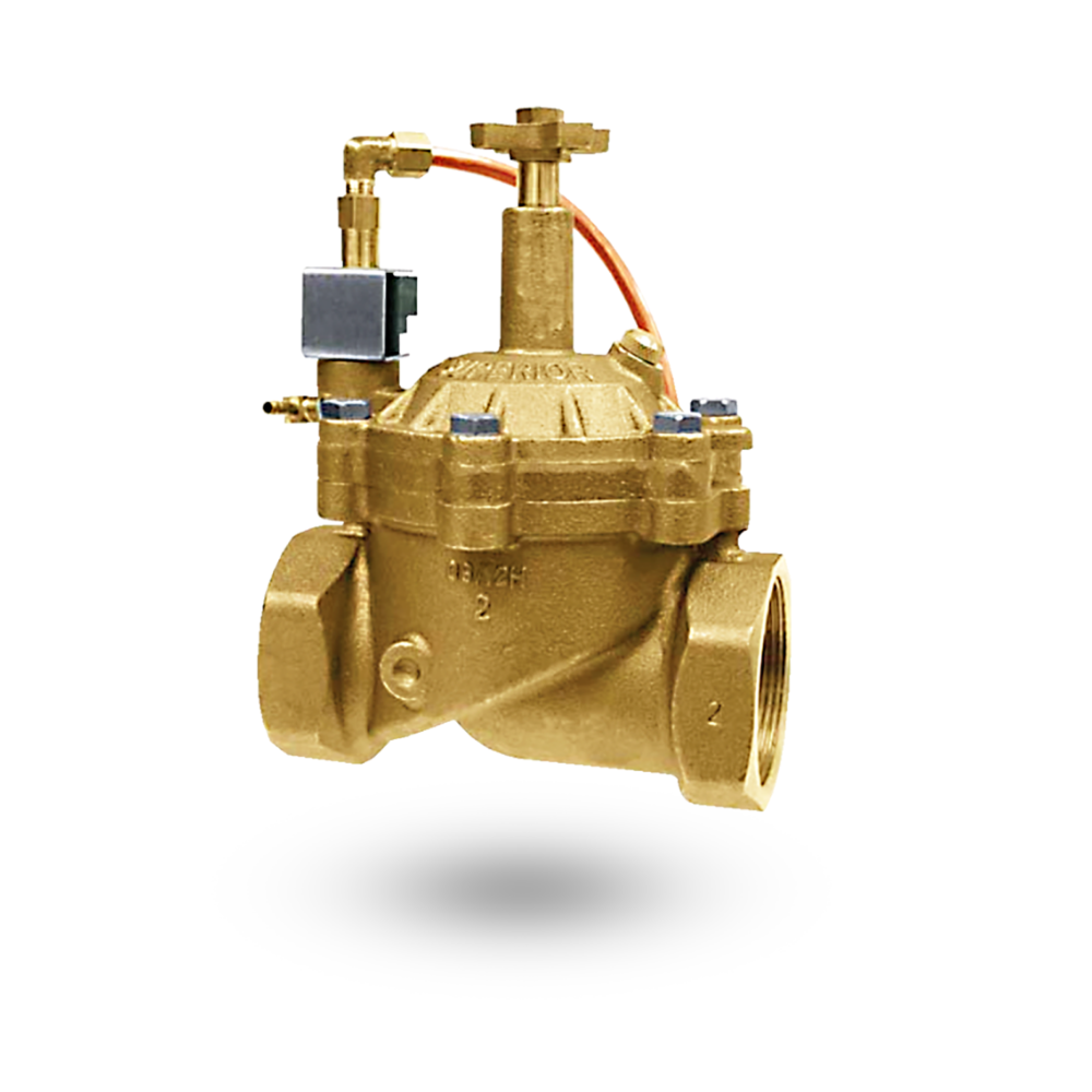 Brass Superior 3300 normally open master irrigation valve, FIPT x FIPT connections, external filter plumbing visible.