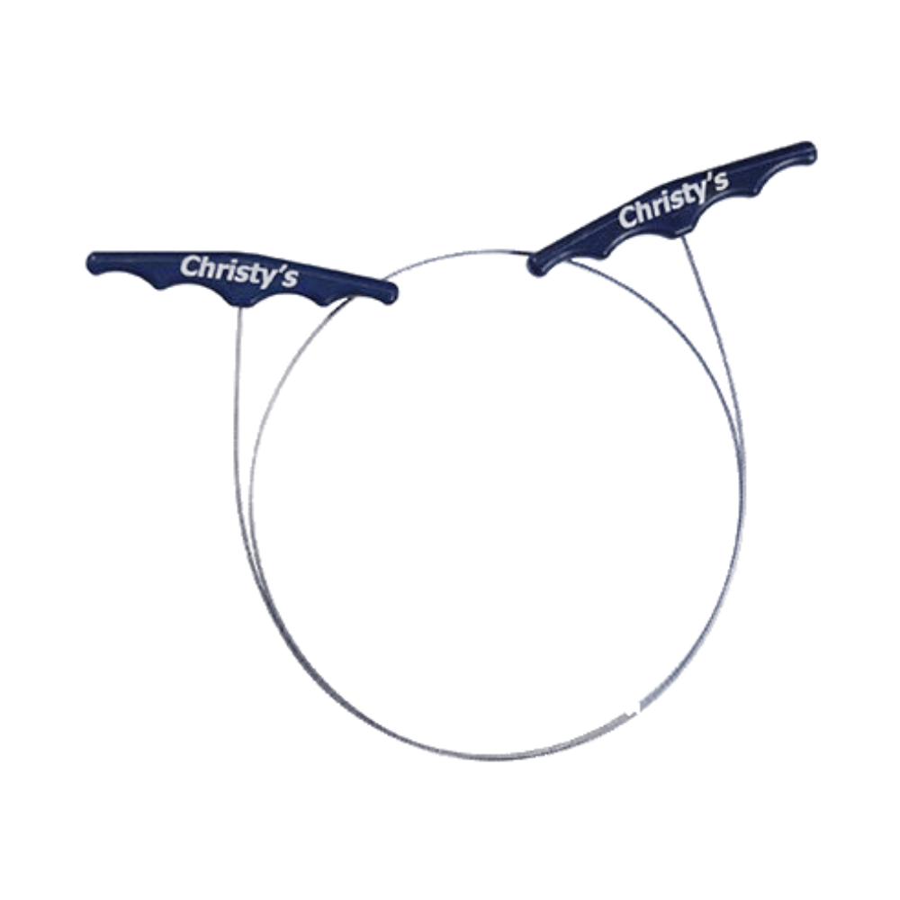 Christy's 36-inch Supersaw cable saw coiled with two blue ergonomic T-handles and stainless-steel aircraft cable for cutting PVC in tight spaces.