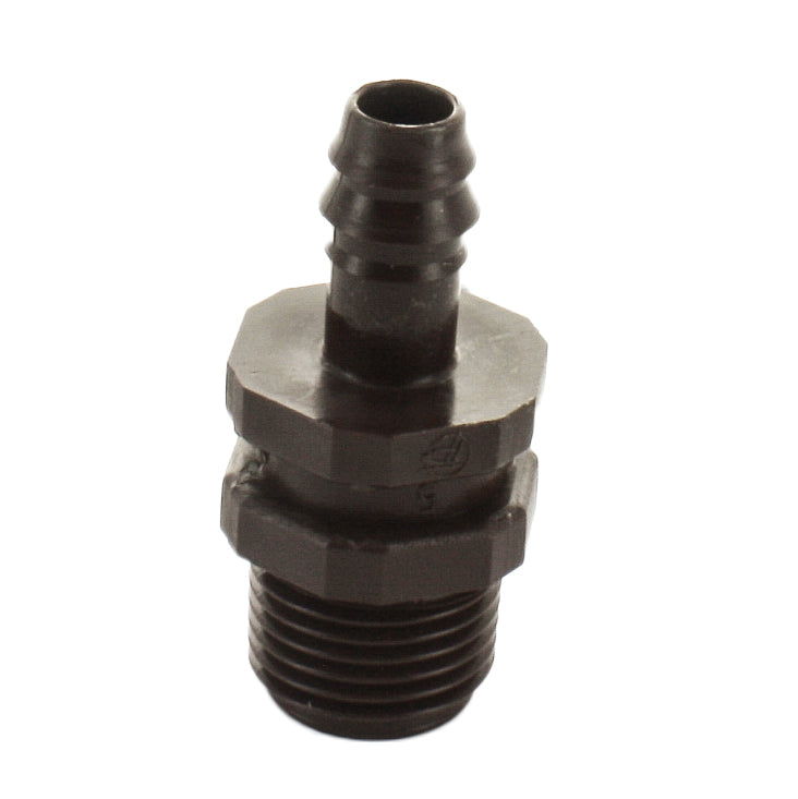Front view of Netafim T12050MA 12mm x 1/2" MPT brown plastic male adapter showing barbed 12mm insert and threaded 1/2" MPT connection.
