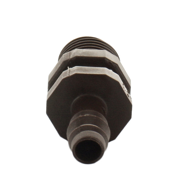 Side angle of Netafim T12050MA adapter for 12mm Techline EZ tubing, highlighting the barbed insertion end and ribbed body for secure grip.