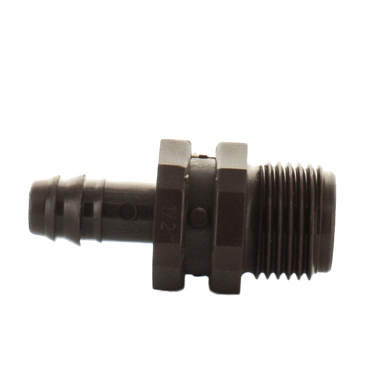 Close-up of threaded 1/2" MPT end on Netafim T12050MA 12mm male adapter, showing thread profile and brown UV-resistant plastic.