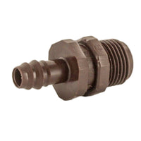 Side view of Netafim Techline EZ T12075MA adapter displaying the barbed 12mm insert and full-length profile with 3/4" male pipe thread, clear product detail.