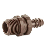Angled close-up of Netafim 12mm insert male adapter highlighting the barbed tubing connection and threaded 3/4" MPT end for irrigation applications.