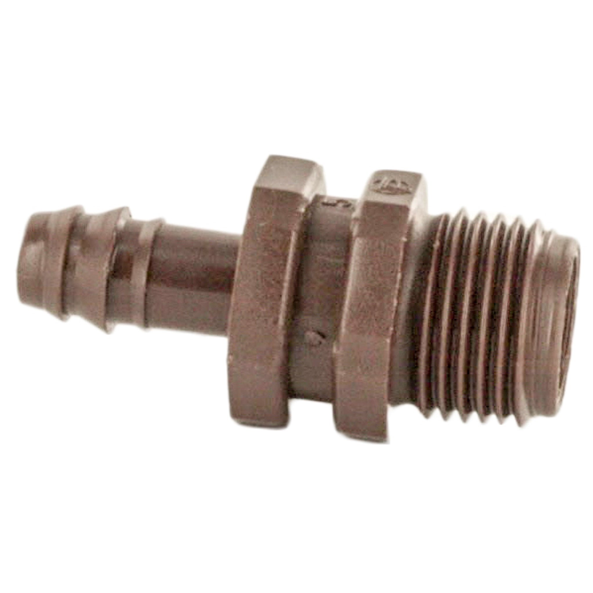 Packaged view showing Netafim T12075MA individual adapter and bag option of 25 units, emphasizing size, molded one-piece construction and threaded connection.