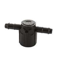 Front view of Netafim T12075FTEE 12mm combination tee showing three barbed insert ports and threaded 3/4" FPT connection for dripline systems.