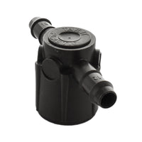 Side angle of Netafim T12075FTEE highlighting the barbed insert profile and molded body intended for secure 12mm dripline connections.