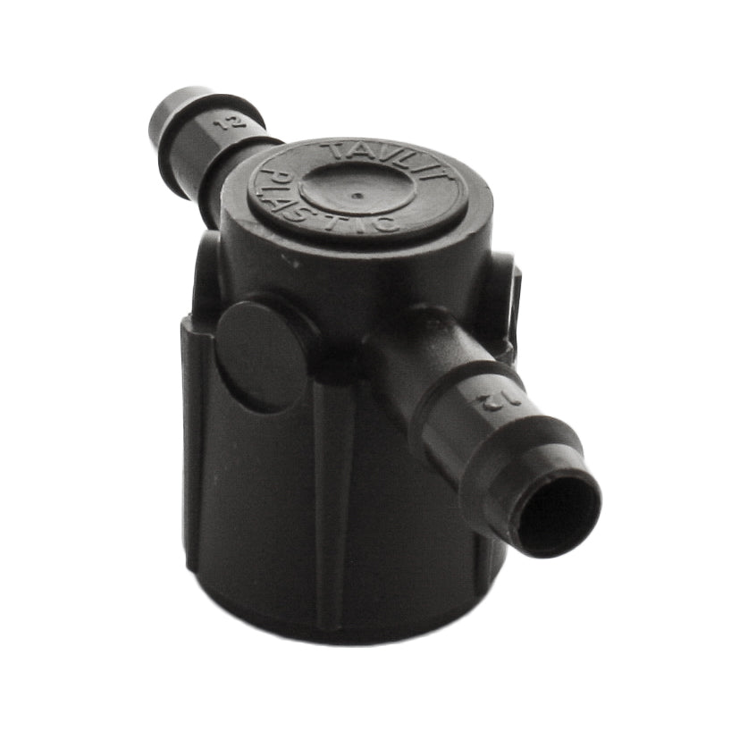 Side angle of Netafim T12075FTEE highlighting the barbed insert profile and molded body intended for secure 12mm dripline connections.