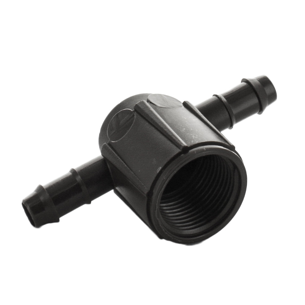 Packaged view of Netafim T12075FTEE 12mm combination tee, labeled SKU T12075FTEE and showing one-piece UV-resistant molded construction.