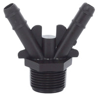 Close front view of Netafim T122W075MA 12mm 'V' 2-way insert showing the 12mm barbed insert and 3/4" male pipe thread connection, black plastic fitting.