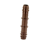 Netafim T12COUP 12mm insert coupling front view showing brown barbed fitting and ribbed shank for secure connection.