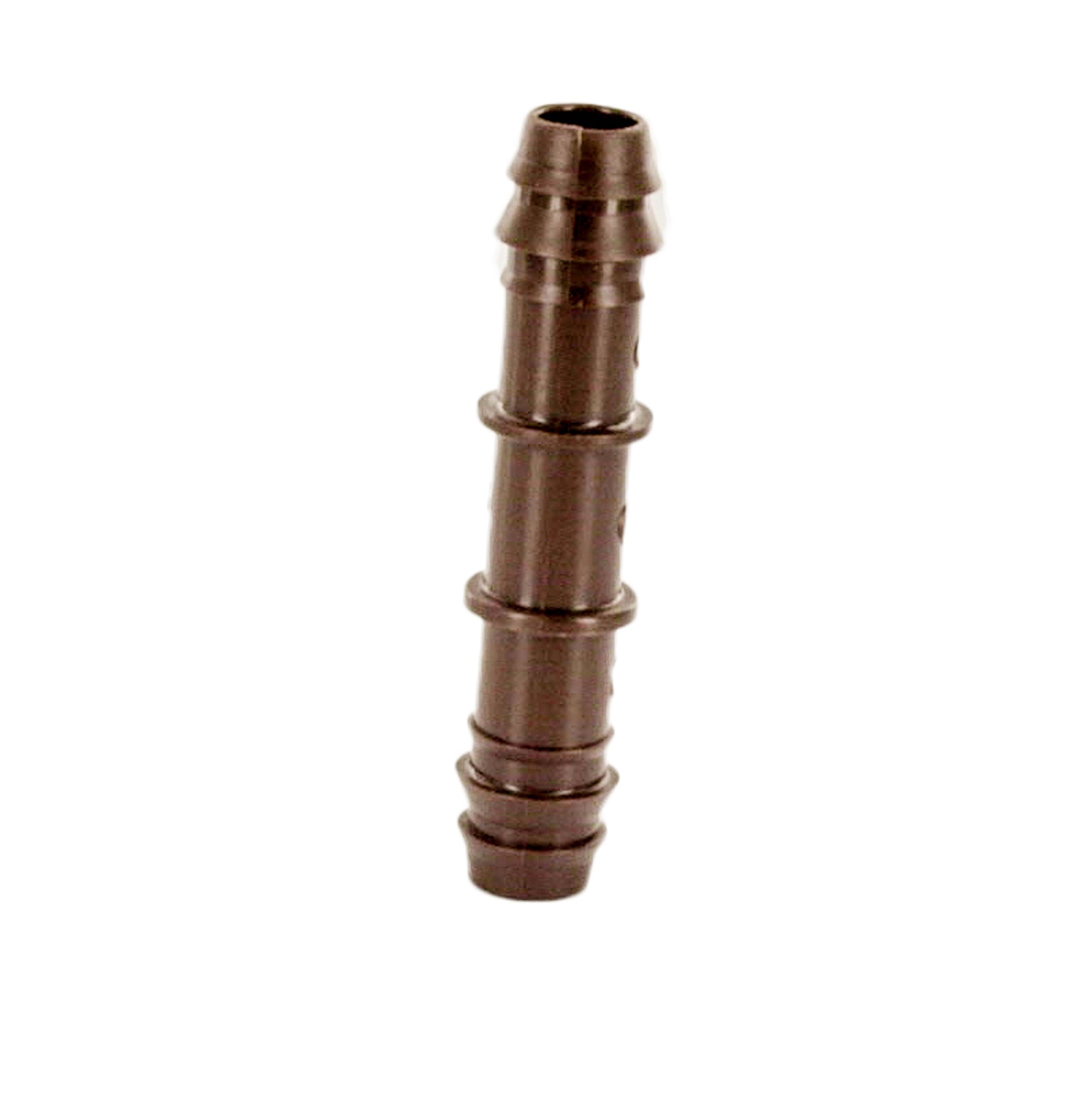 Netafim T12COUP 12mm insert coupling front view showing brown barbed fitting and ribbed shank for secure connection.
