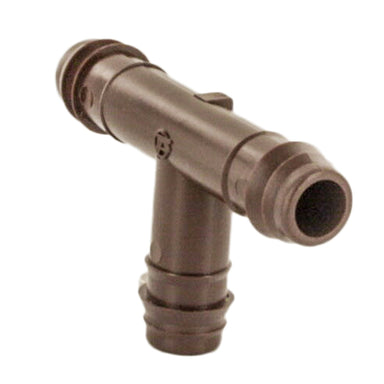 Angled view of Netafim T12TEE 12mm insert tee highlighting barbed connector ends and UV-resistant polyethylene construction designed for outdoor use.