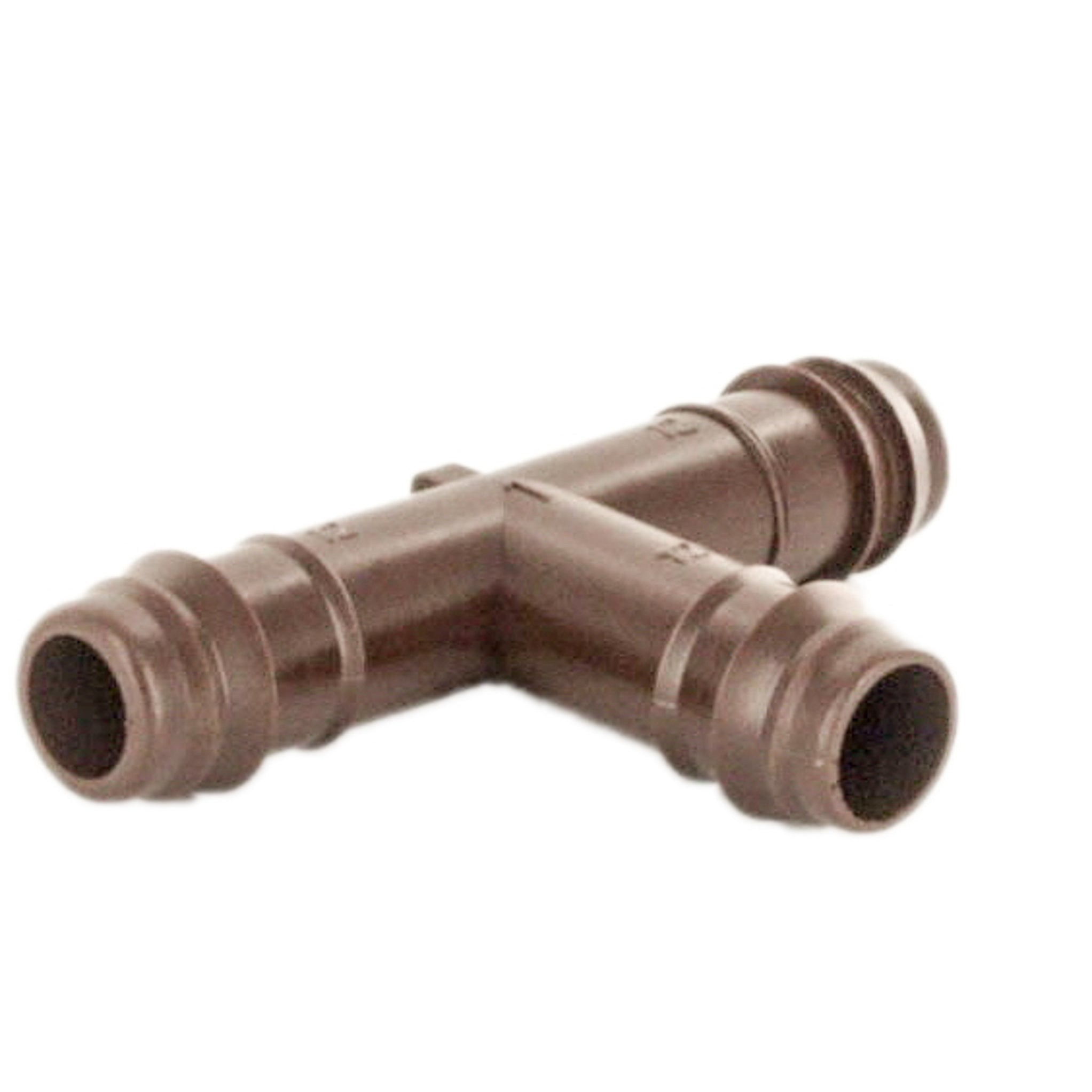 Side profile of 12mm Netafim Techline EZ T12TEE showing three barb fittings and compact one-piece design for easy push-fit installation.