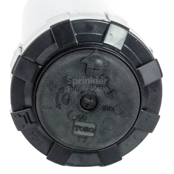 Top view of Toro T7P-02 rotor cap with visual arc indicator and glyphs for 45°–360° adjustment.