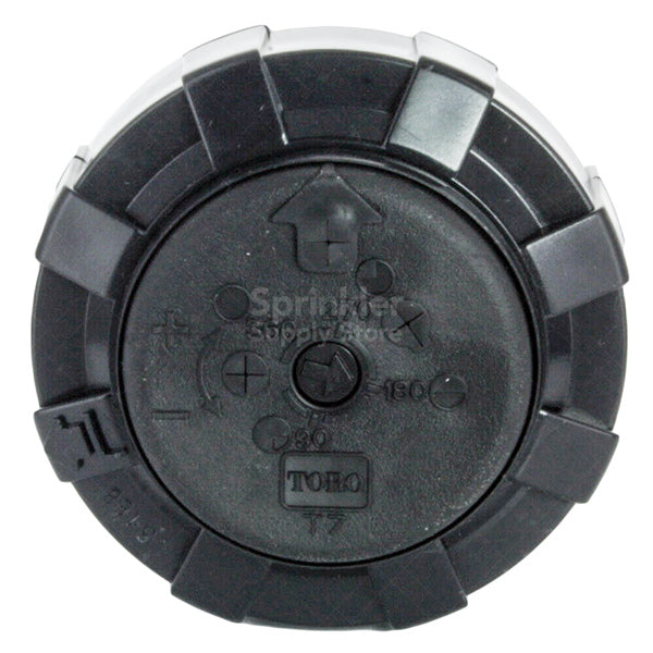 Top view of Toro T7PSS-02 1" stainless rotor highlighting arc indicator on rubber cover, nozzle opening, and stainless riser assembly.
