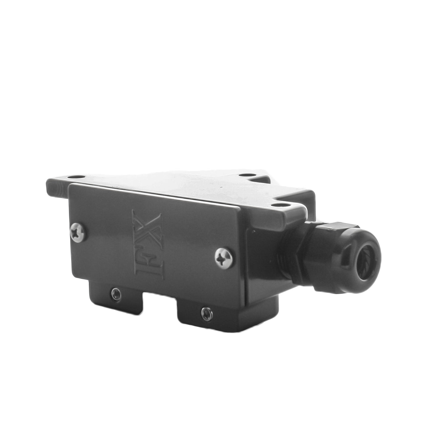 Top-down view of TBFB tree box, flat black finish, showing access point and compact dimensions suitable for landscape wiring management.