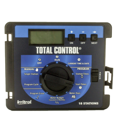 Front view of Irritrol TC-6MOD-R replacement module showing faceplate opening, control knob area and terminal strip for six stations, clear mounting points.
