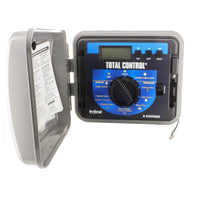 Front view of the Irritrol TC-12EX-R Total Control 12-station outdoor irrigation controller, weatherproof enclosure, keypad and labeled terminals for wiring (detailed product view).