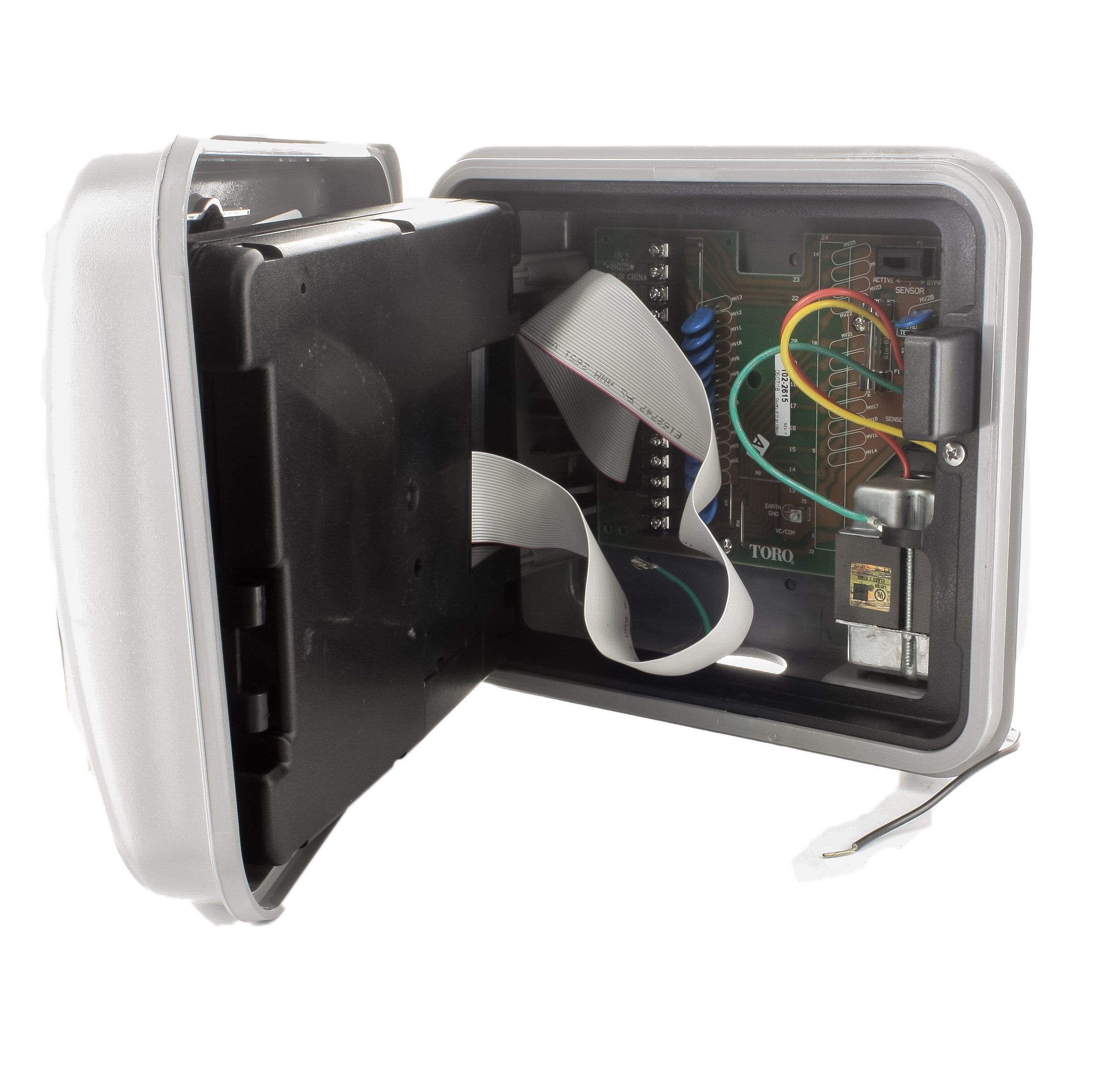 Close-up of terminal strip and wiring area inside the Irritrol TC-9EX-R Total Control R Series 9-station outdoor controller.