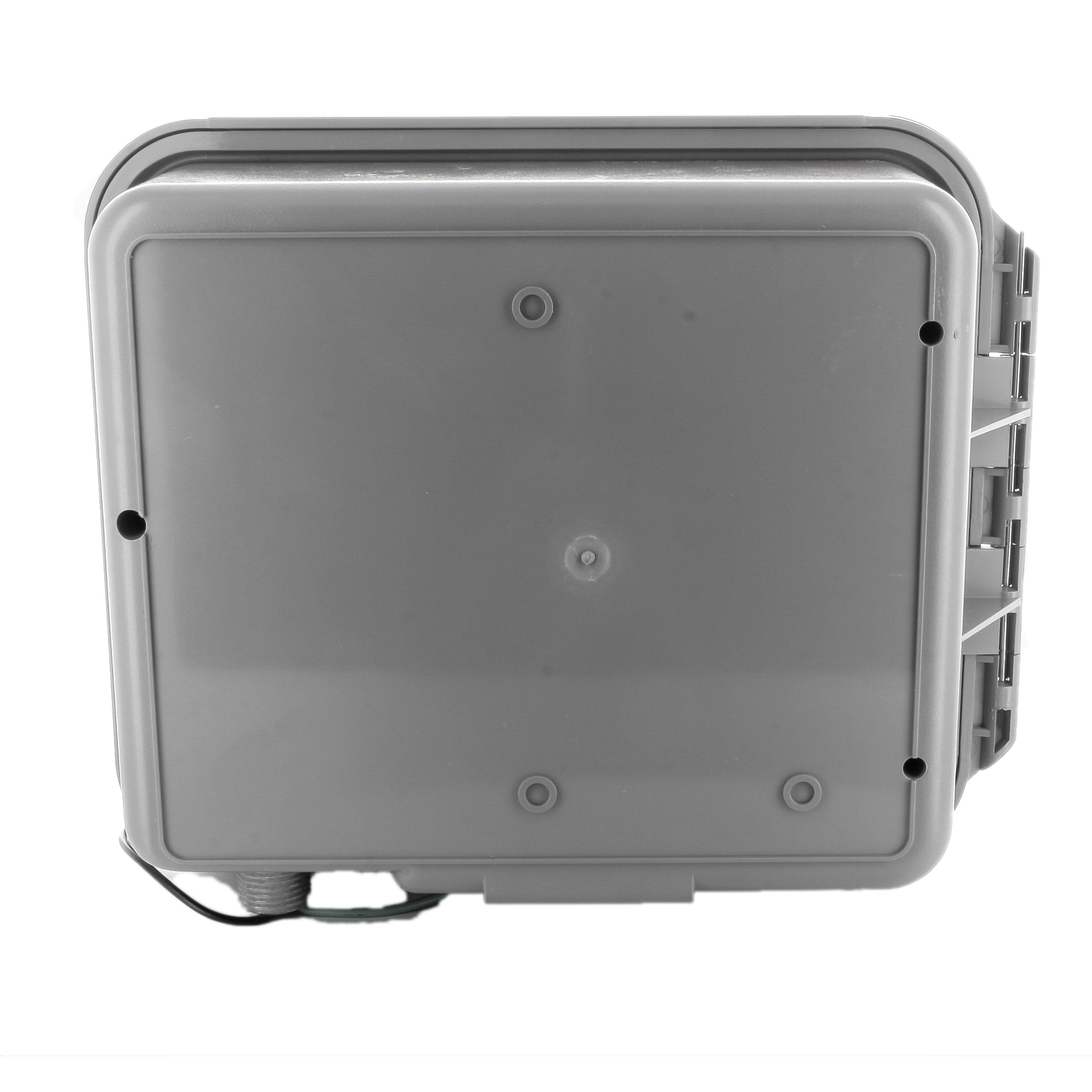 Side and angled view of Irritrol Total Control-R outdoor controller mounted on a wall, illustrating enclosure depth and mounting position for installers.
