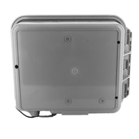 Side profile of Irritrol TC-9EX-R controller showing depth, weatherproof enclosure and hinge with lockable cover for outdoor installation.