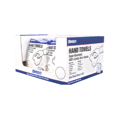 T. Christy industrial white cotton terry rags 12-pack on a white background, showing hemmed edges, terry texture and folded stack.