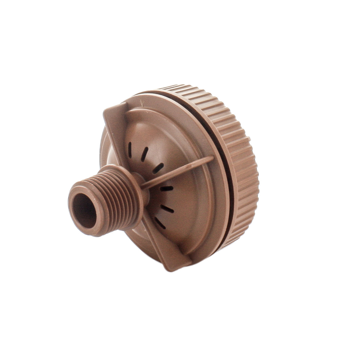 Side profile of Netafim TL050MFV-1 automatic flush valve demonstrating flow chamber and connection threads, brown plastic finish.