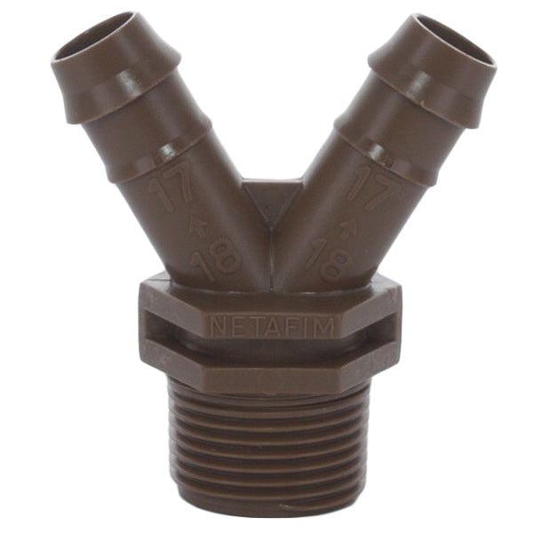 Close-up of Netafim TL2W075MA 'V' 2-way adapter, 3/4" MPT; black UV-resistant polyethylene showing barbed insert and male thread profile.