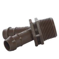 Netafim TL2W075MA adapter angled view; 17mm barbed ends and 3/4" MPT thread visible, highlighting one-piece UV-resistant construction.