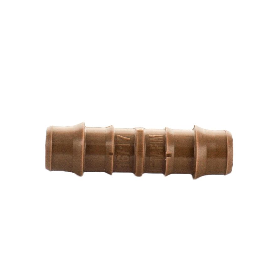Netafim TLCOUP 17mm insert coupling on white background; brown barbed polyethylene fitting showing both insertion ends and center flange for reference.