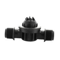 Close-up of Netafim TLCV050M1-B 1/2 in. MPT inline check valve showing male threads and black plastic body.