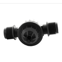 Angled view of Netafim TLCV050M1-B 1/2 in. MPT inline check valve highlighting inlet opening and compact black body.
