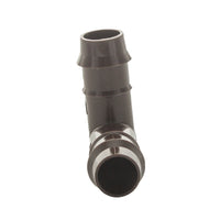 Product image of Netafim TLELL 17mm elbow beside a ruler and 17mm tubing sample to illustrate size, 0.56–0.60 inch inside diameter compatibility, and installation context.