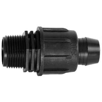 Rain Bird TLF-MPT8-0800 3/4‑inch Twist Lock adapter showing barb and 3/4 in. MPT threaded end on a white background, plastic construction