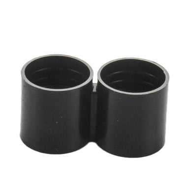 Close-up of a Netafim TLFIG8 Figure-8 end cap showing the barbed loops and molded one-piece construction for 17mm drip tubing.