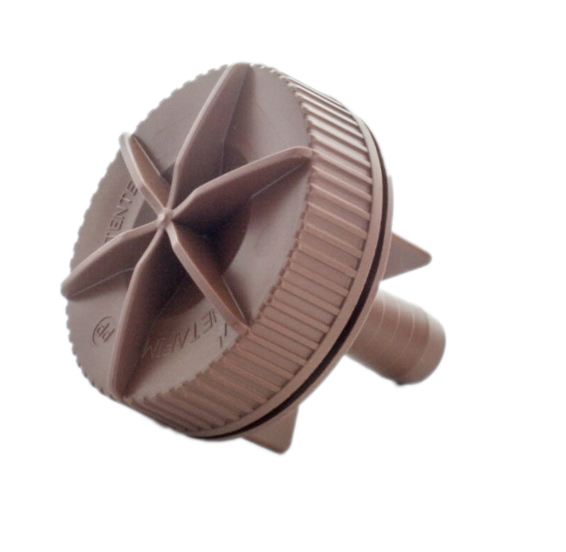 Angled product shot of Netafim TLFV-1 showing top and barb connection; automatic flush valve insert for 17mm dripline systems.