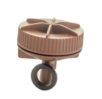 Netafim TLFV-1 flush valve in neutral studio setting, highlighting the compact round body and secure 17mm barbed inlet for Techline tubing.