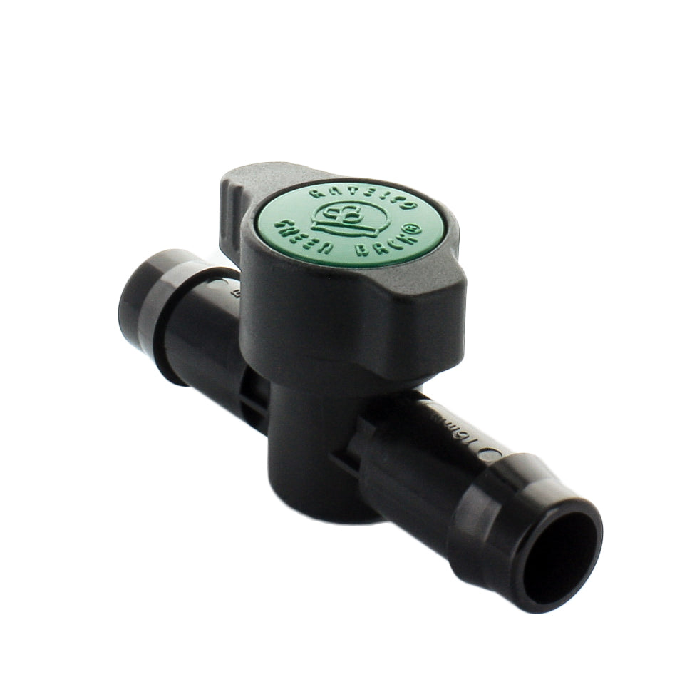 Netafim TLSOV 17mm shut-off valve side view on white background, showing barb detail and sealing profile for 17mm dripline.