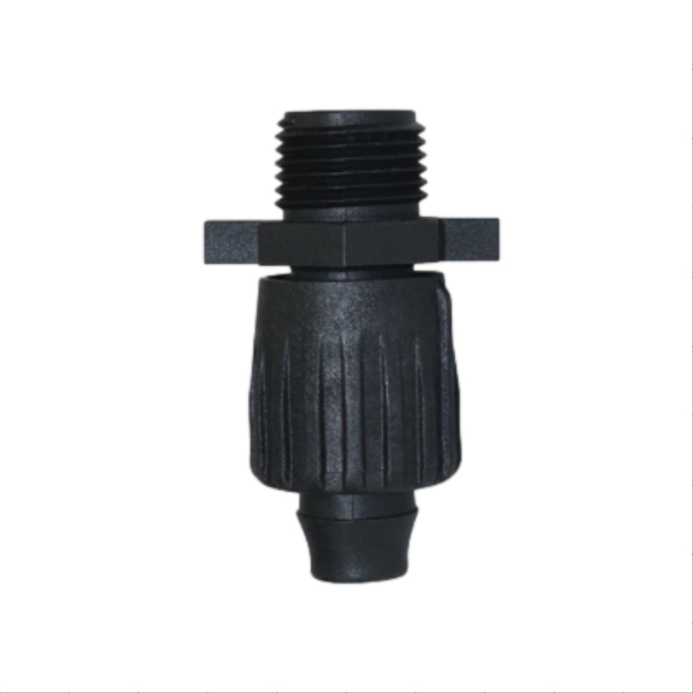 Toro TL-M50 Tri-Loc 1/2 in. MPT male adapter on white background, showing twist-off collar and barb for 16–18 mm tubing, close-up view.