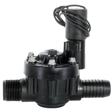 Toro TPV100MB 1-inch male-by-barb irrigation valve angled view showing solenoid, PVC body and inlet barb connections, on white background (product photo).