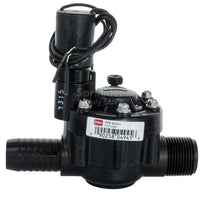 Side profile of Toro TPV100MB 1-inch TPV Series irrigation valve illustrating PVC body, barb outlet and directional flow arrow, studio photo (product detail).