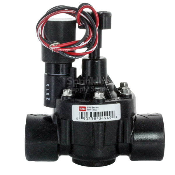 Top view of Toro TPVF100DC 1" TPV valve highlighting the DC latching solenoid (DCLS-P) and manual bleed access — suitable for residential and commercial irrigation systems.